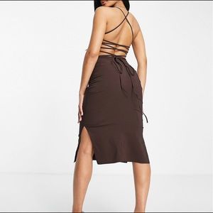 Brown, lace up midi dress. Color brown